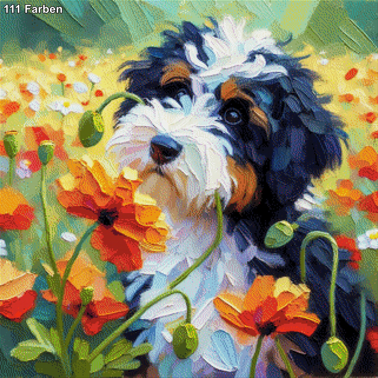 Timmy der Hund im Blumenfeld - Diamond Painting