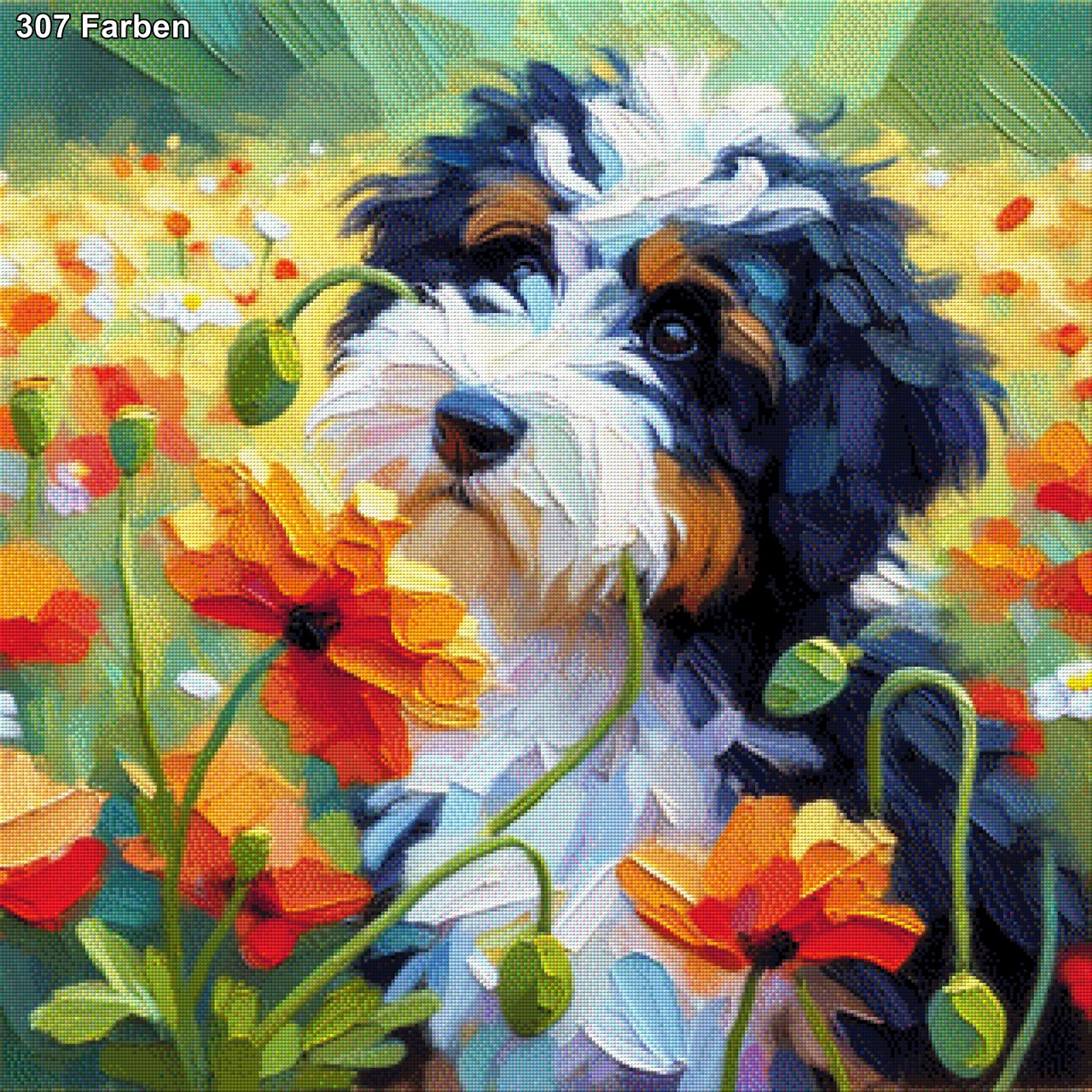 Timmy der Hund im Blumenfeld - Diamond Painting