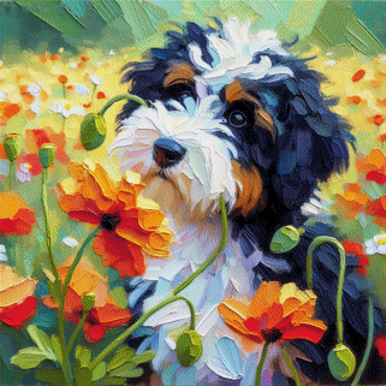 Timmy der Hund im Blumenfeld - Diamond Painting
