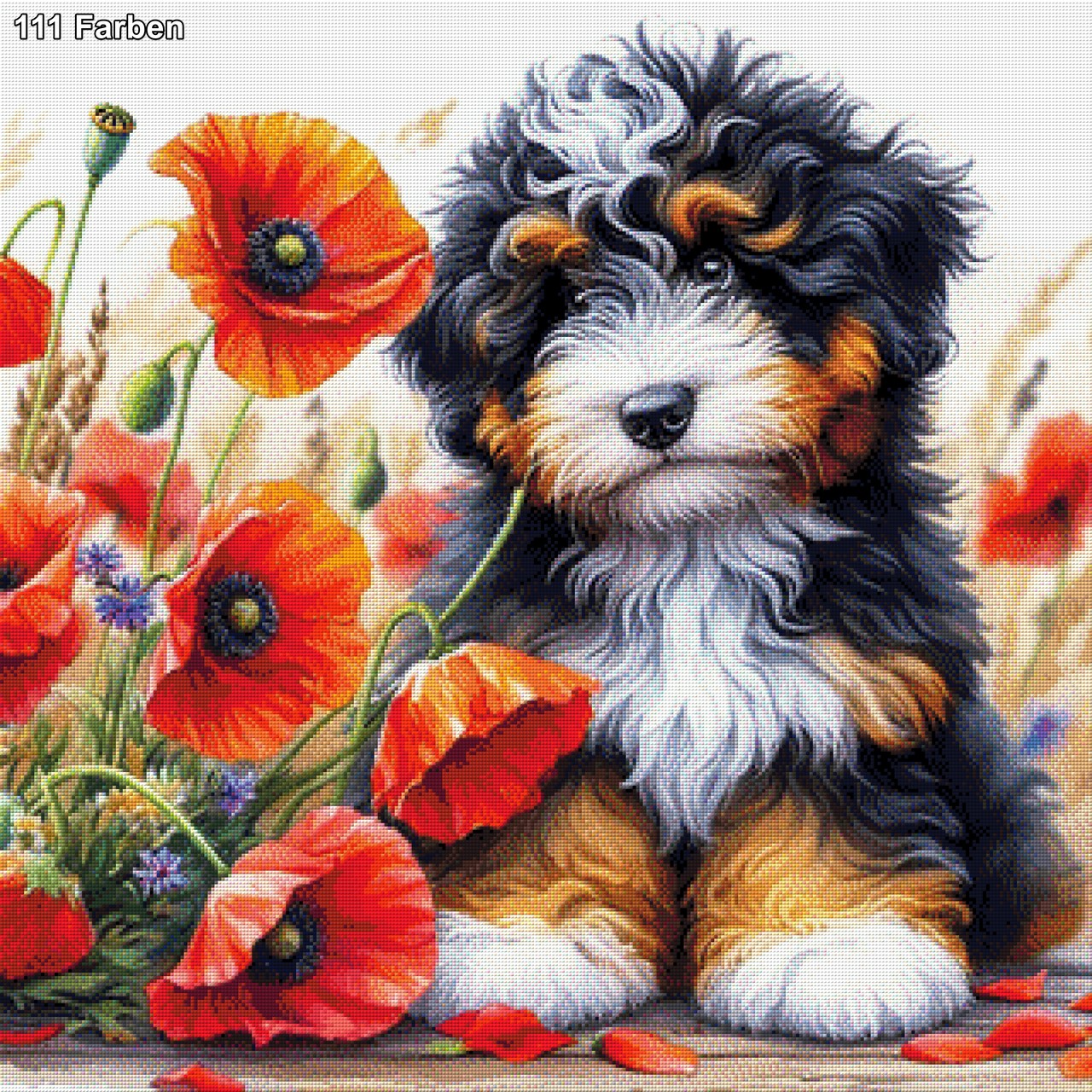 Hundewelpe Cookie im Mohnfeld - Diamond Painting