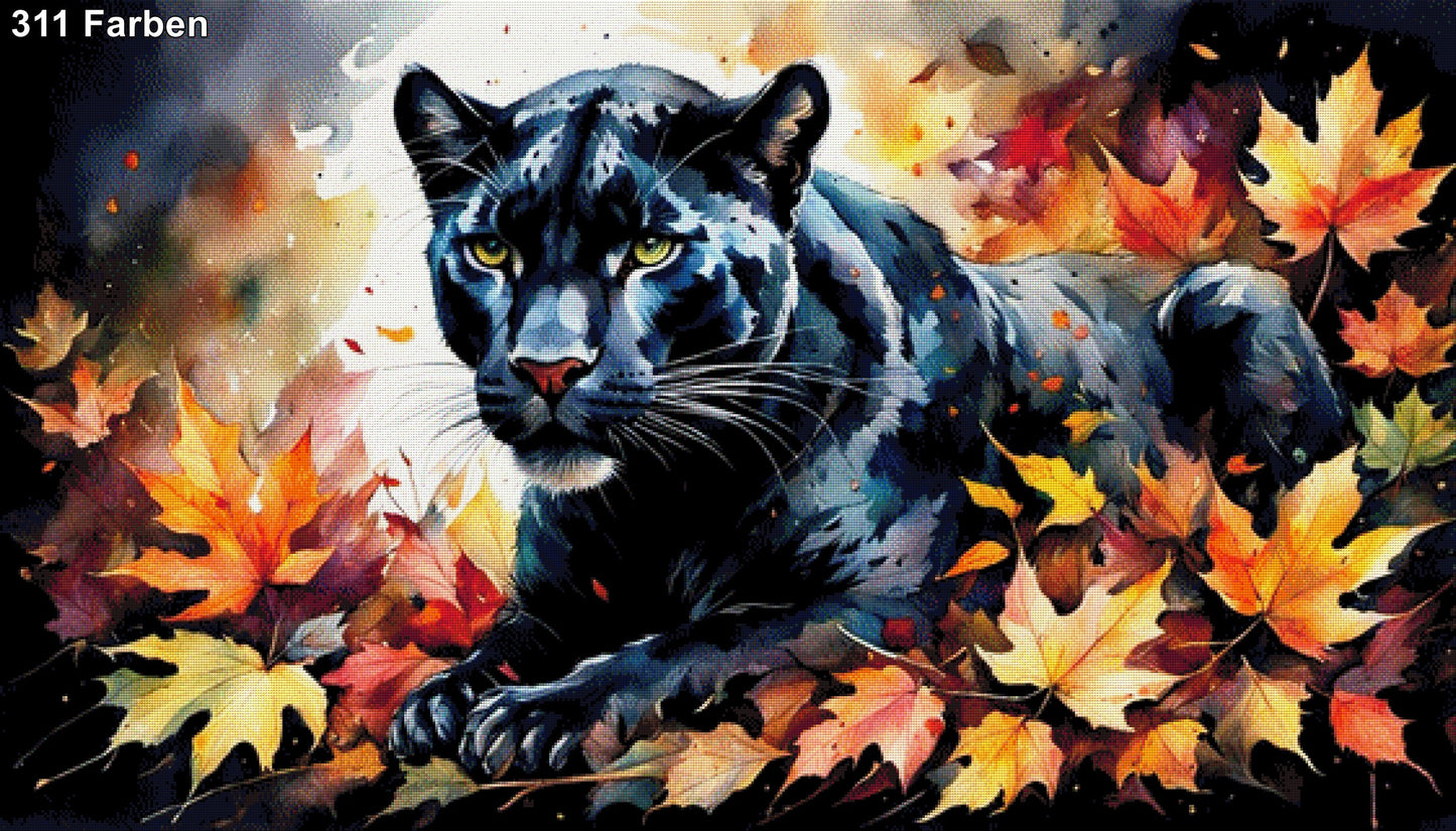 Schwarzer Panther im Herbstlaub - Diamond Painting
