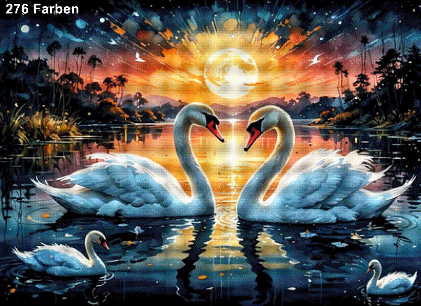 Schwanenfamilie im Sonnenuntergang - Diamond Painting