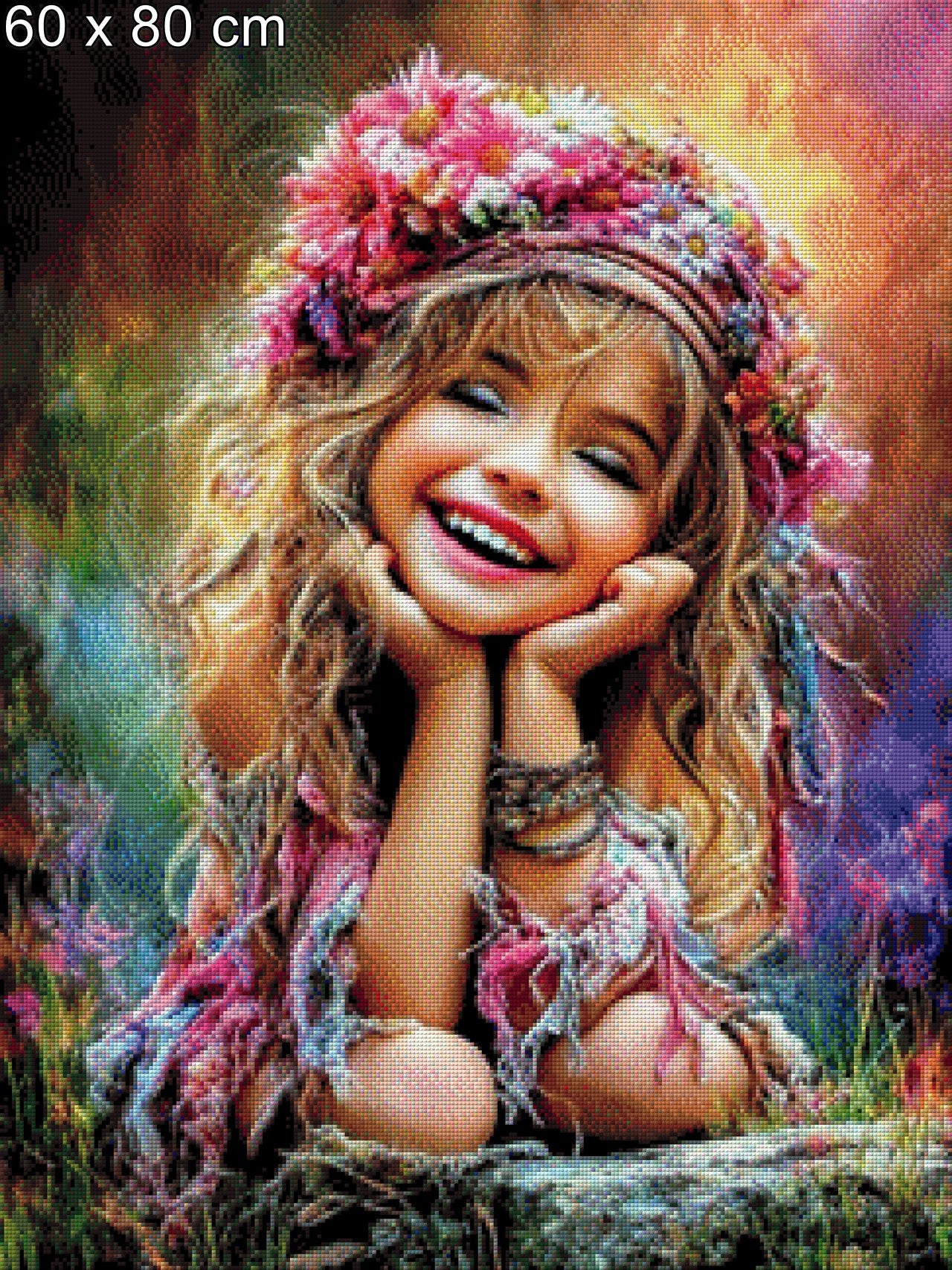 Diamond Painting Mädchen mit Blüten in Blumenwiese