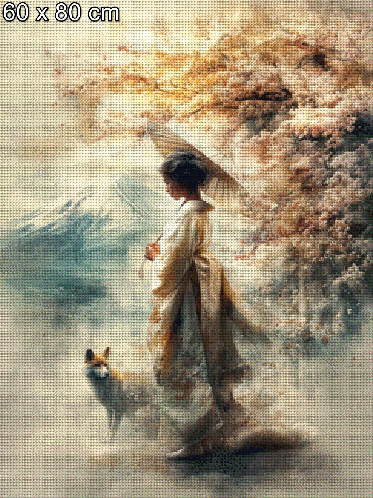 Diamond Painting Geisha mit Wolf im Gebirge
