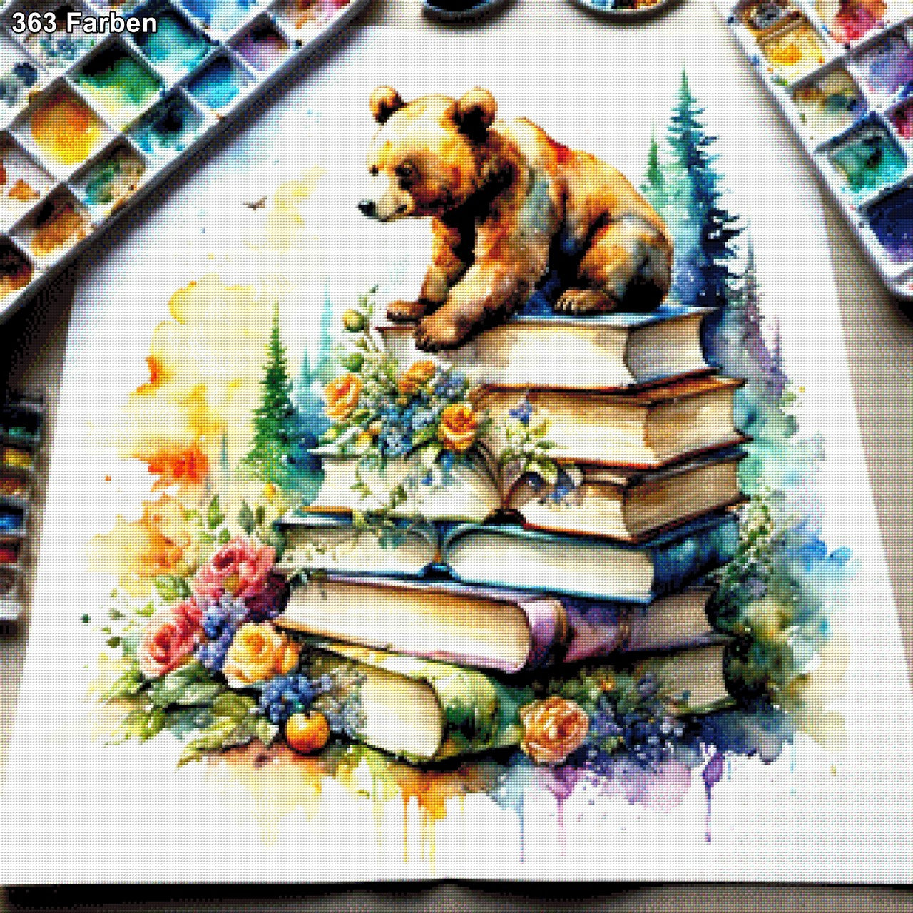 Bücherbärchen, Bärenbaby auf buntem Buchstapel - Diamond Painting
