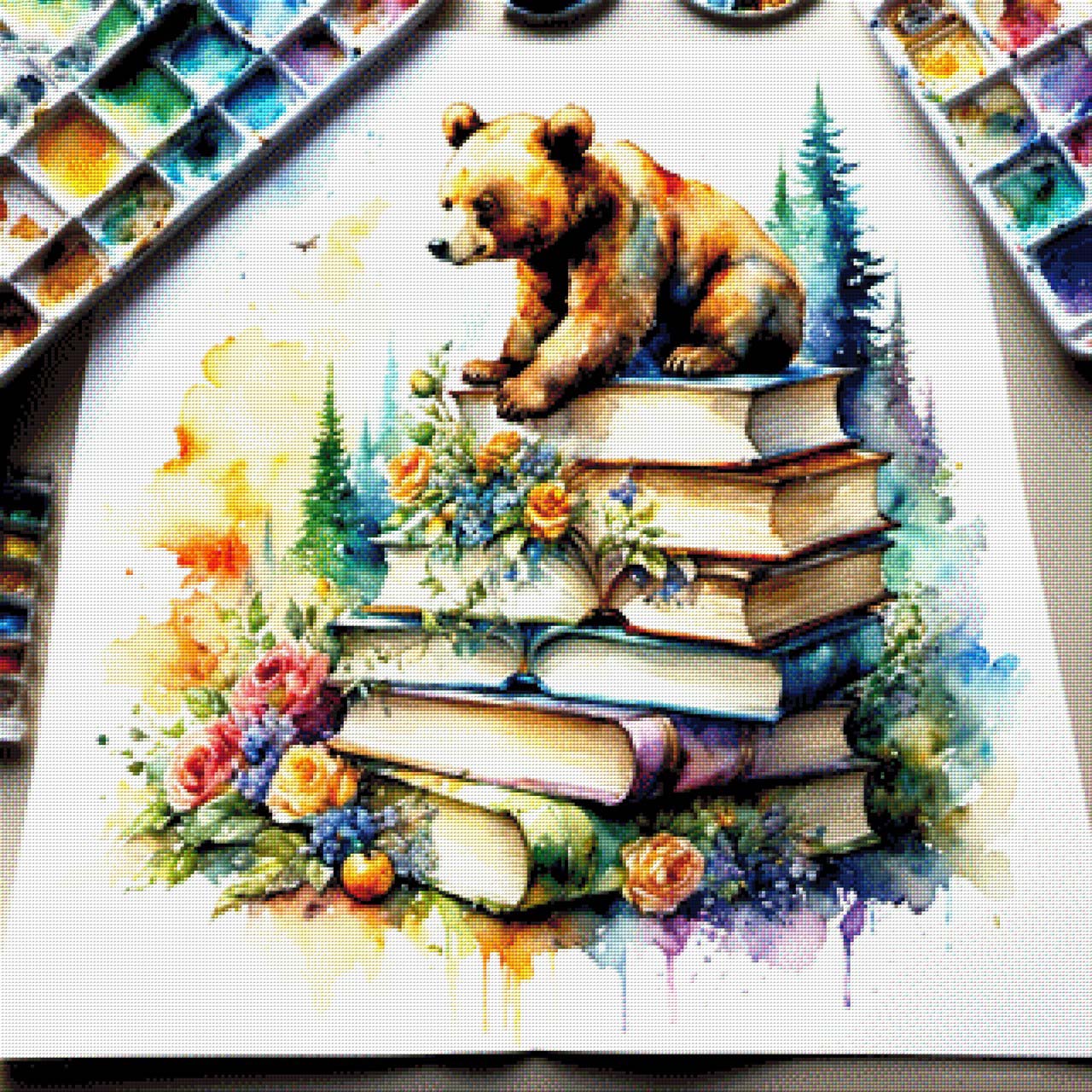 Bücherbärchen, Bärenbaby auf buntem Buchstapel - Diamond Painting
