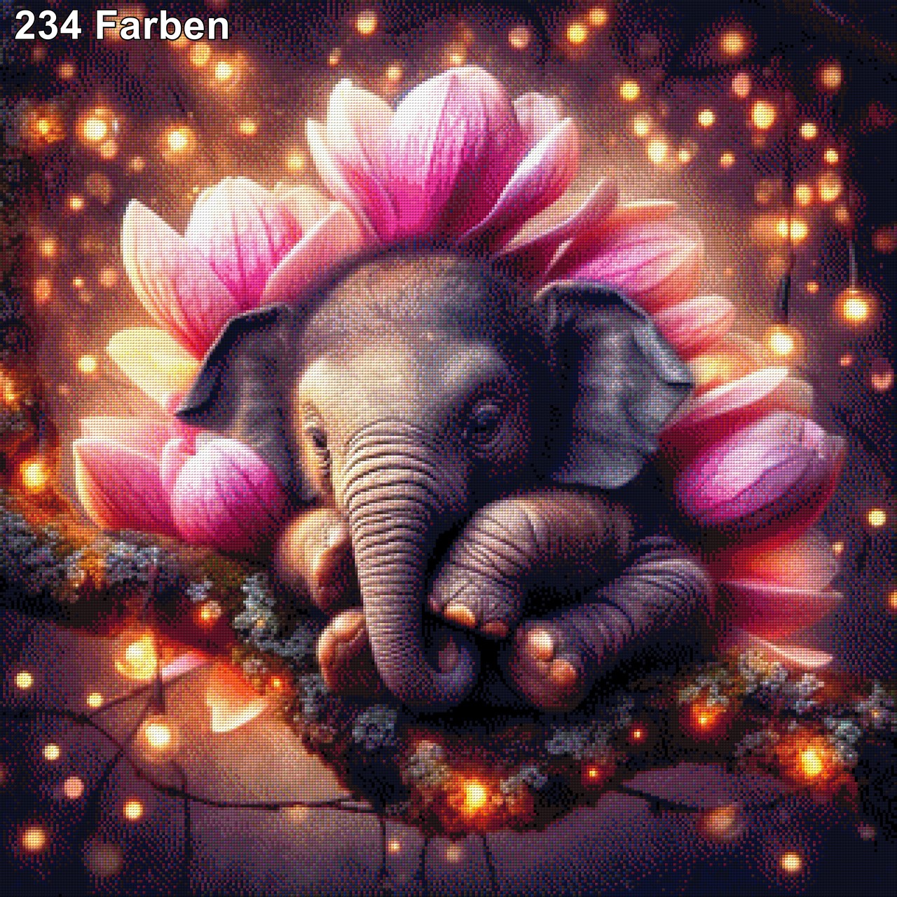 Blütenwiege, Elefantenbaby mit Magnolienkranz - Diamond Painting