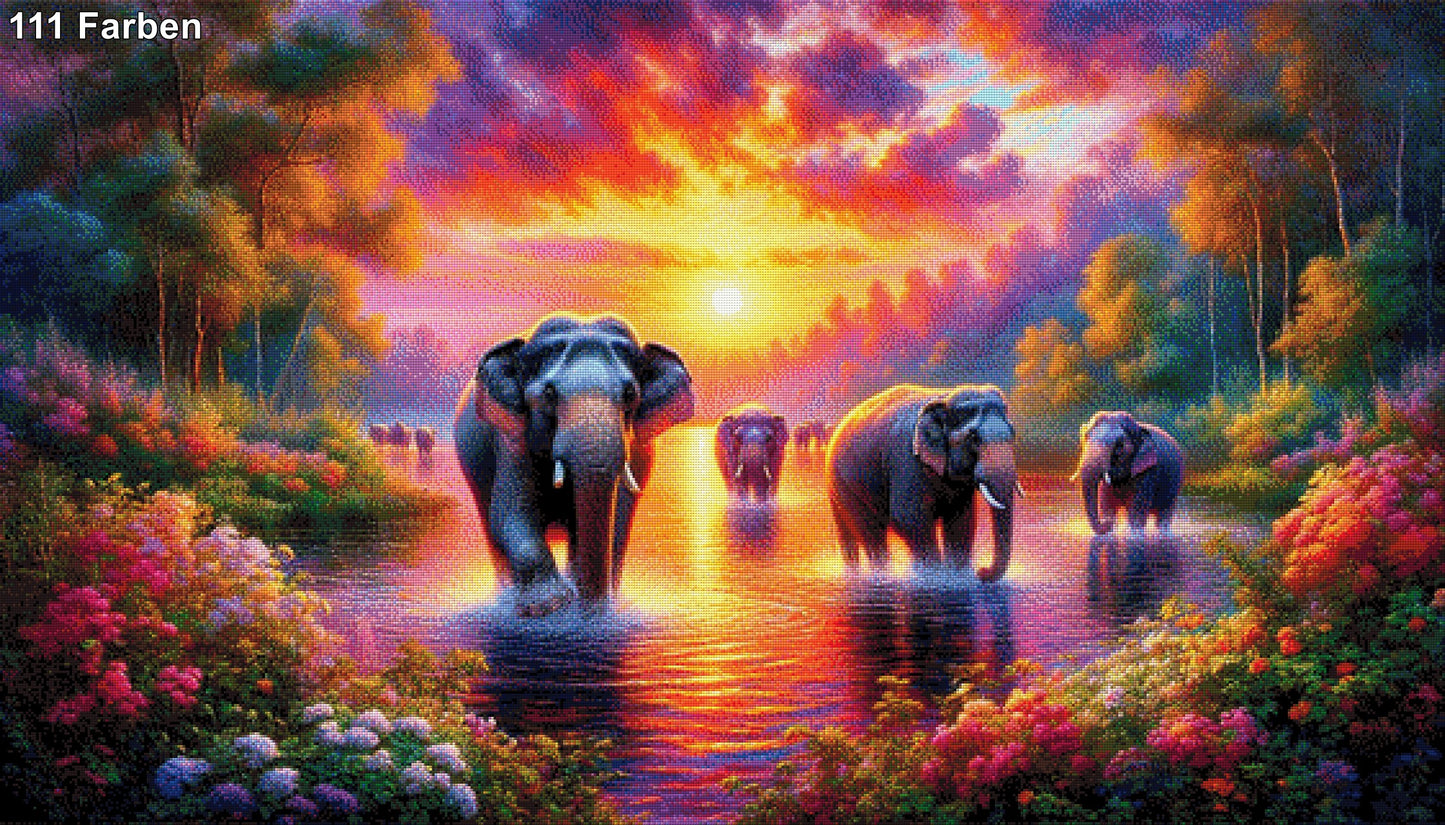Abendwanderer, Elefantenherde - Diamond Painting