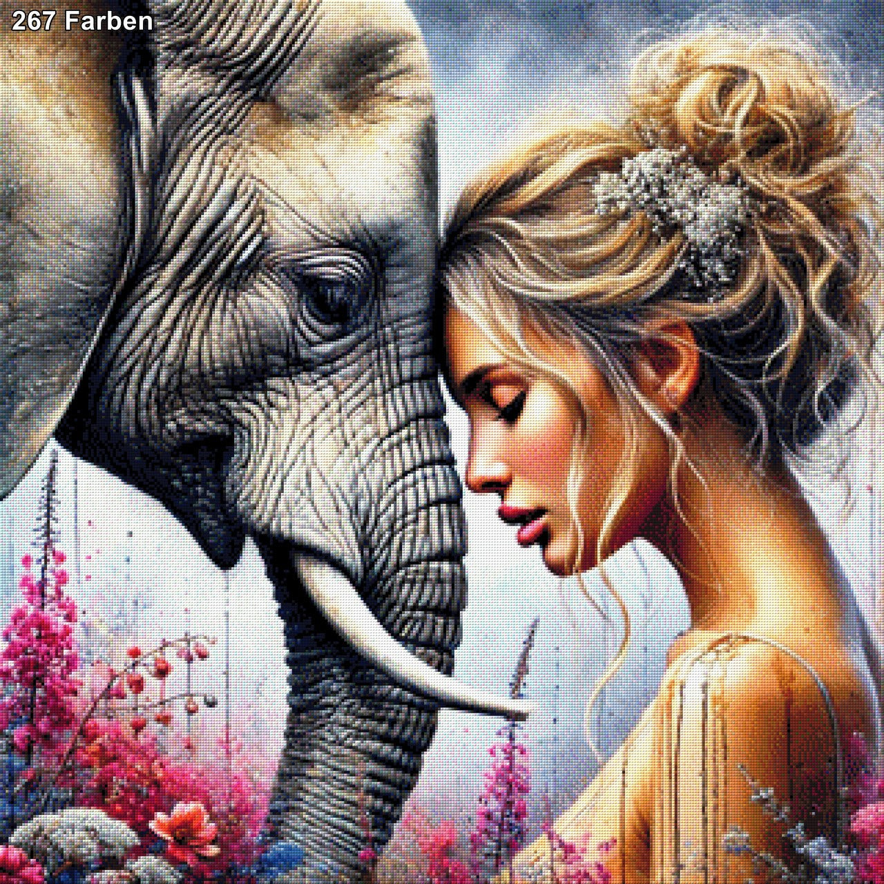 Elefantenliebe, Elefant mit Frau - Diamond Painting