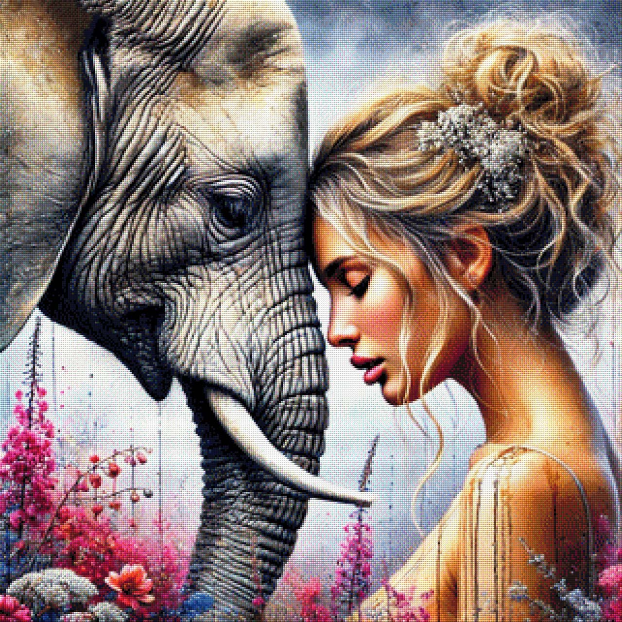 Elefantenliebe, Elefant mit Frau - Diamond Painting