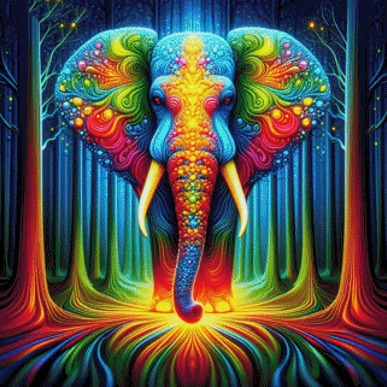 Farbenwald-Riese, Bunter Elefant im Wald - Diamond Painting