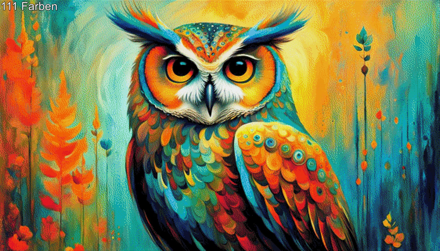 Farbfeder, bunte Eule - Diamond Painting