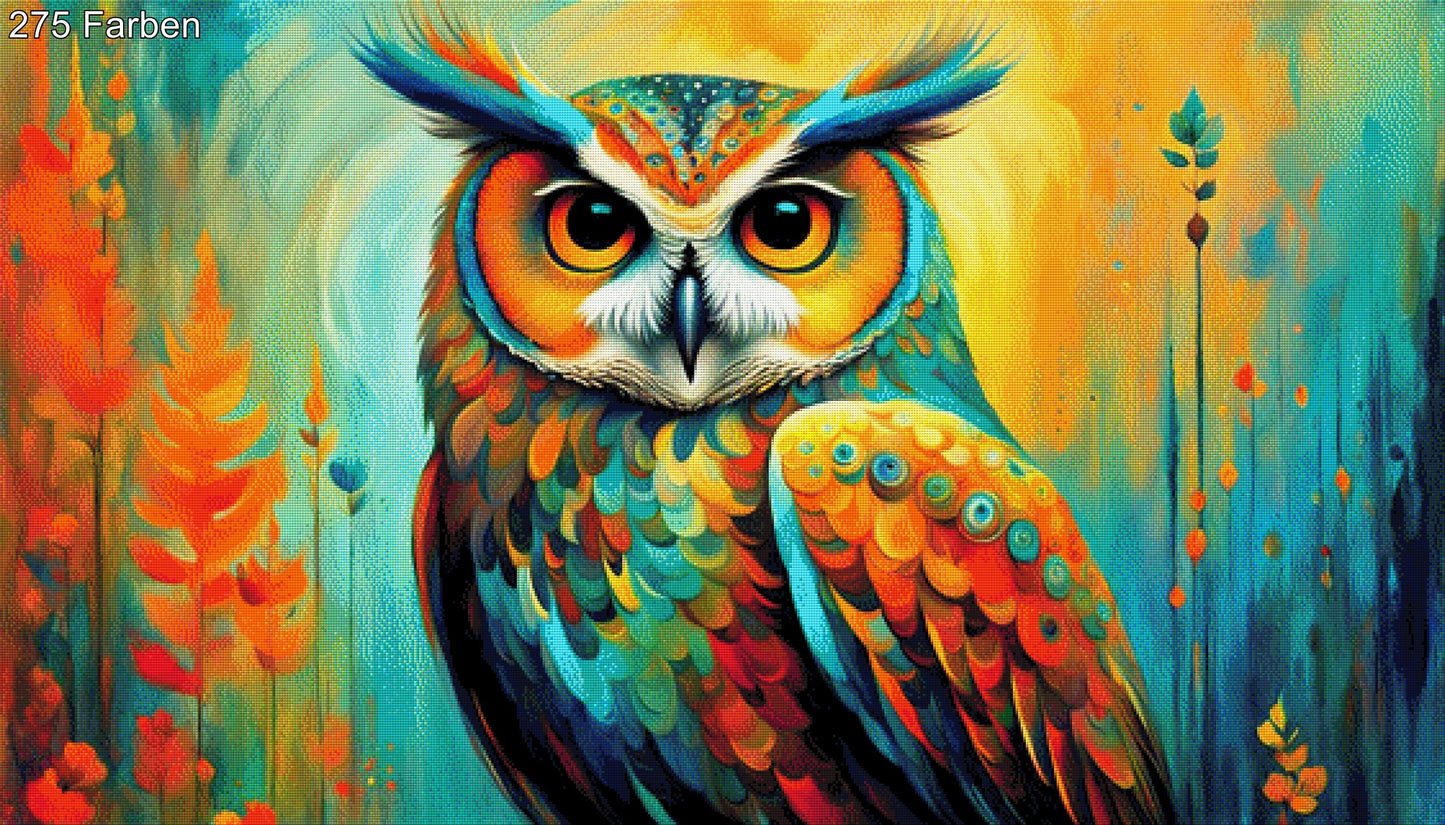 Farbfeder, bunte Eule - Diamond Painting