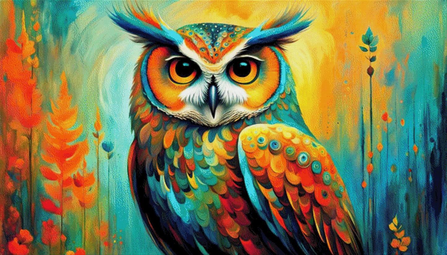 Farbfeder, bunte Eule - Diamond Painting