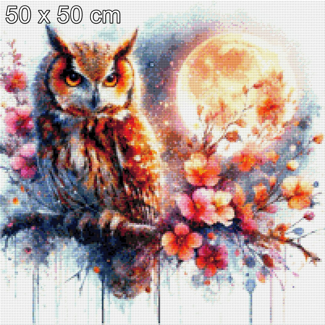 Blutmondfeder, Eule mit Blutmond - Diamond Painting