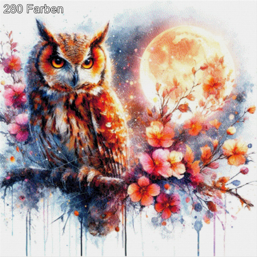 Blutmondfeder, Eule mit Blutmond - Diamond Painting
