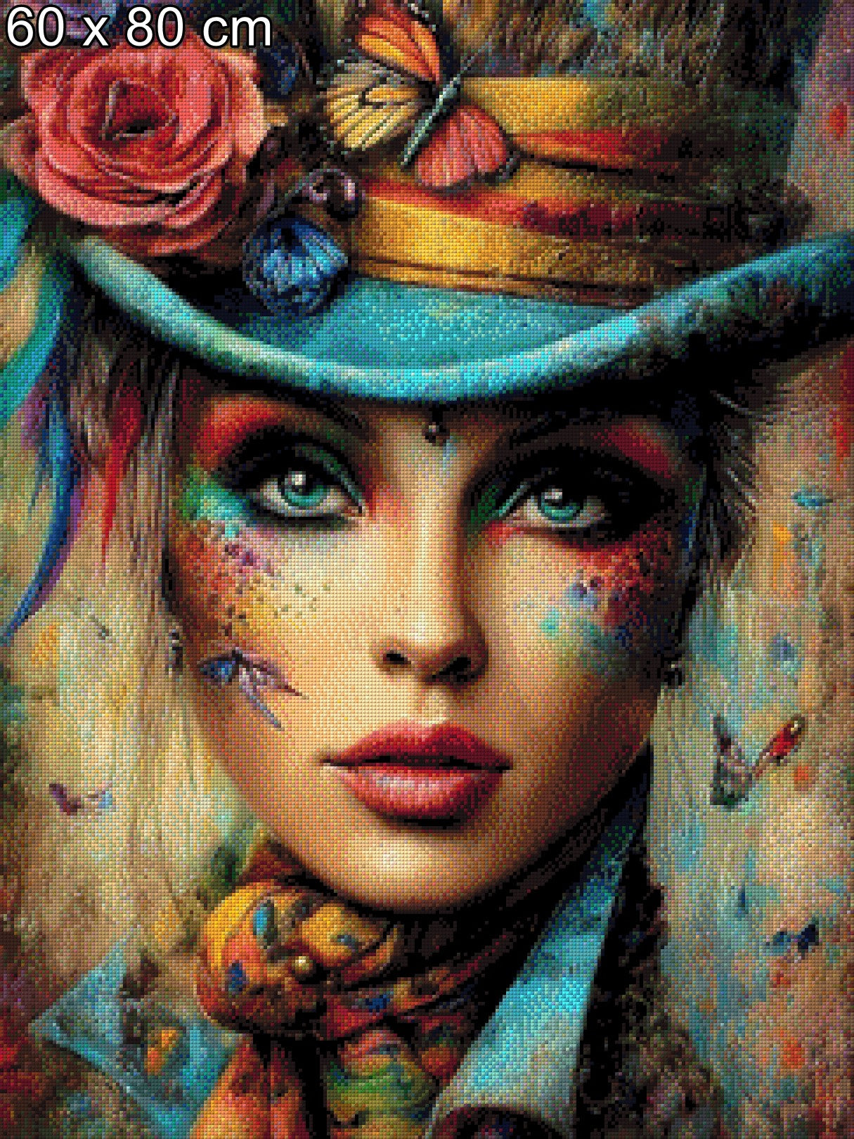 Diamond Painting Frau mit buntem Hut, bunt geschminkt