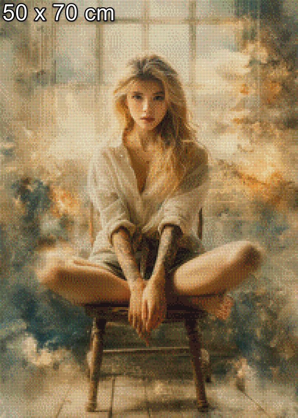 Diamond Painting Frau sitzt auf Stuhl zartes Gemälde
