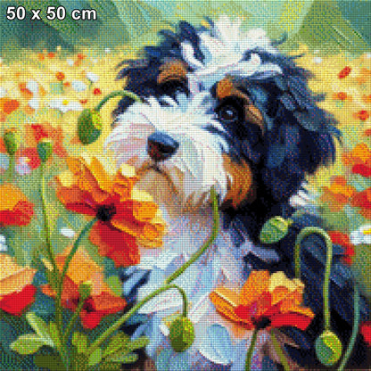 Timmy der Hund im Blumenfeld - Diamond Painting