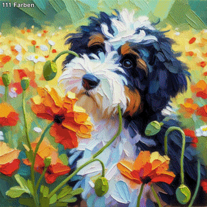 Timmy der Hund im Blumenfeld - Diamond Painting
