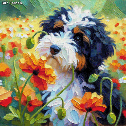 Timmy der Hund im Blumenfeld - Diamond Painting