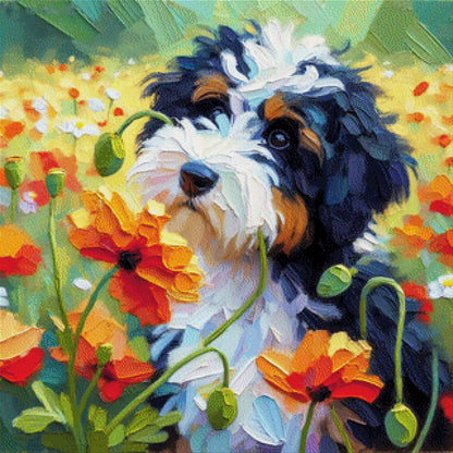 Timmy der Hund im Blumenfeld - Diamond Painting