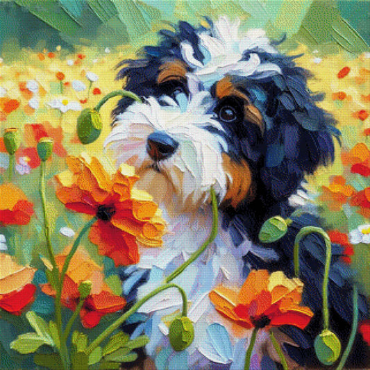 Timmy der Hund im Blumenfeld - Diamond Painting