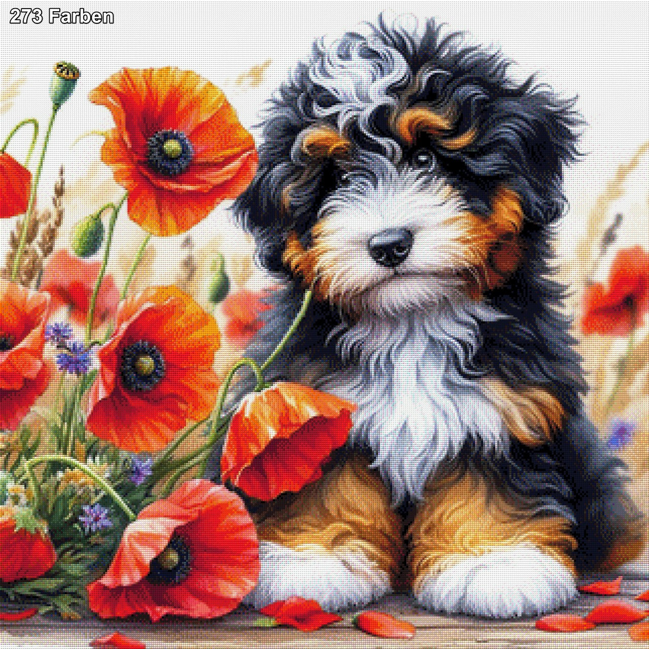 Hundewelpe Cookie im Mohnfeld - Diamond Painting