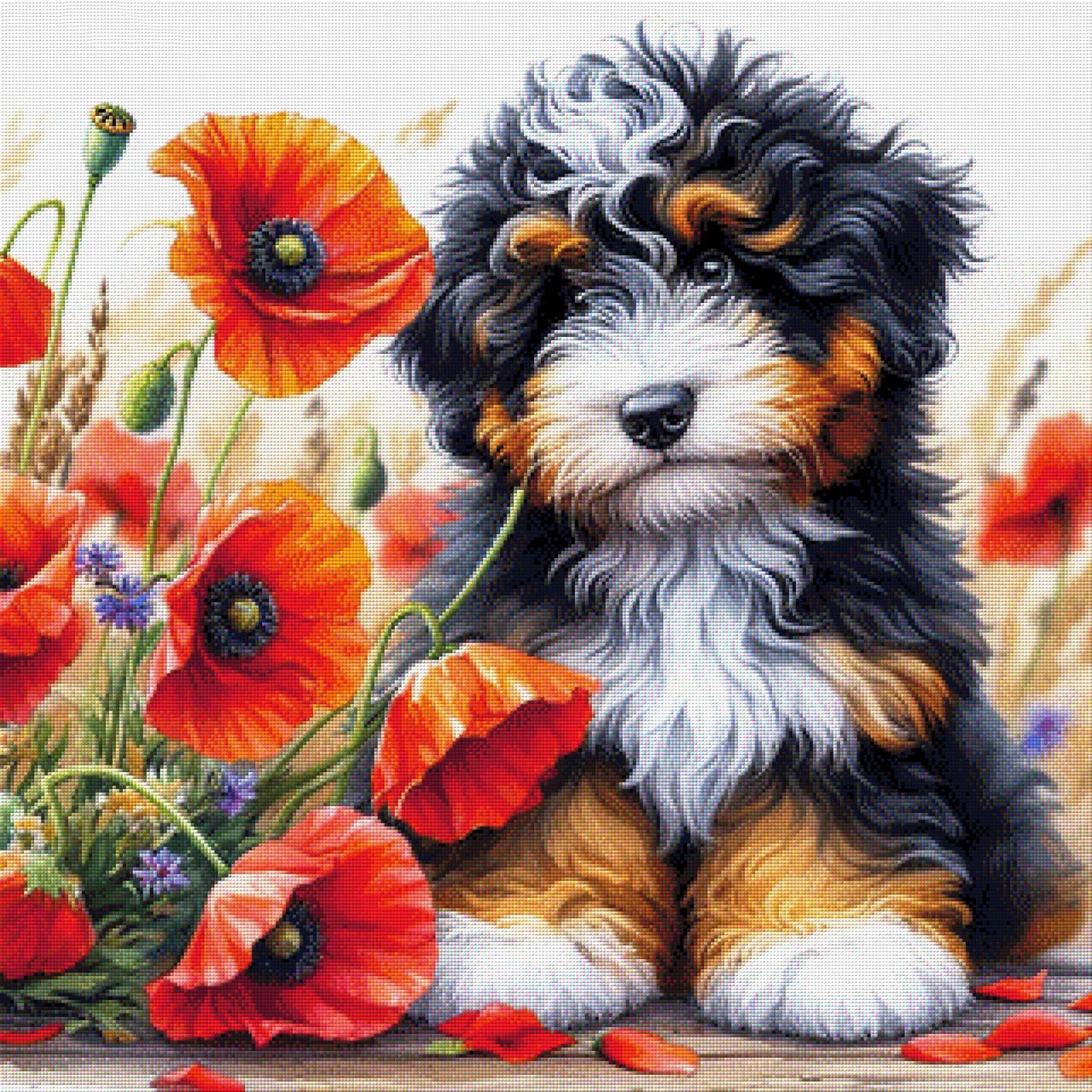 Hundewelpe Cookie im Mohnfeld - Diamond Painting
