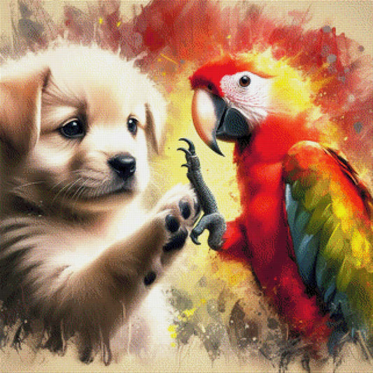 Give me five, Hund mit Papagei - Diamond Painting
