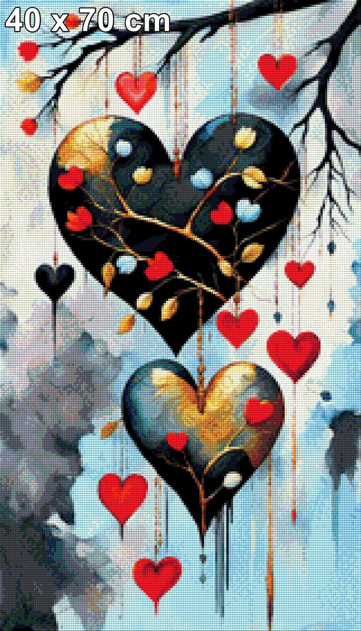 Astliebe, Große Herzen am Baum - Diamond Painting