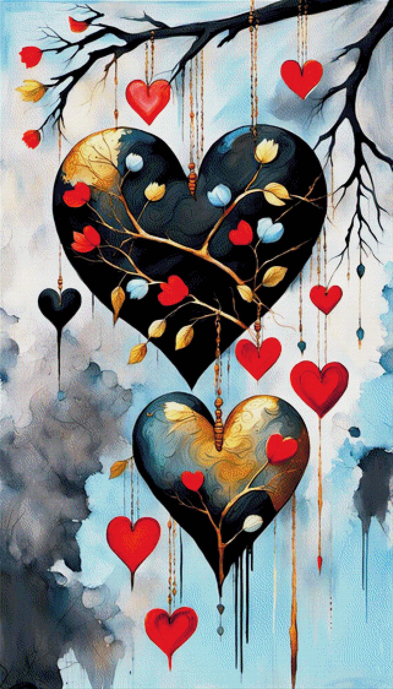 Astliebe, Große Herzen am Baum - Diamond Painting