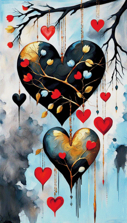 Astliebe, Große Herzen am Baum - Diamond Painting