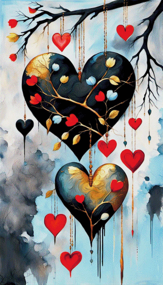 Astliebe, Große Herzen am Baum - Diamond Painting