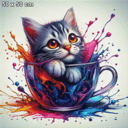 Katze in Tasse Rot - Diamond Painting