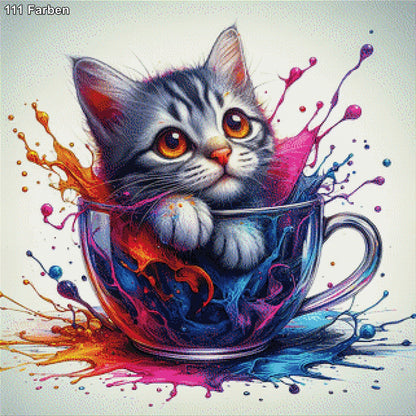 Katze in Tasse Rot - Diamond Painting