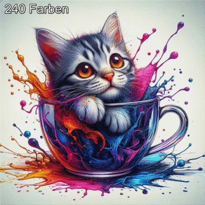 Katze in Tasse Rot - Diamond Painting