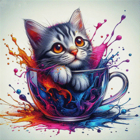 Katze in Tasse Rot - Diamond Painting