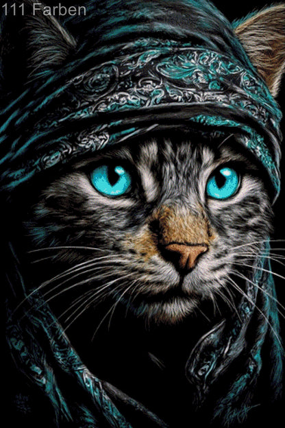 Diamond Painting Katze mit Turban und blauen Augen