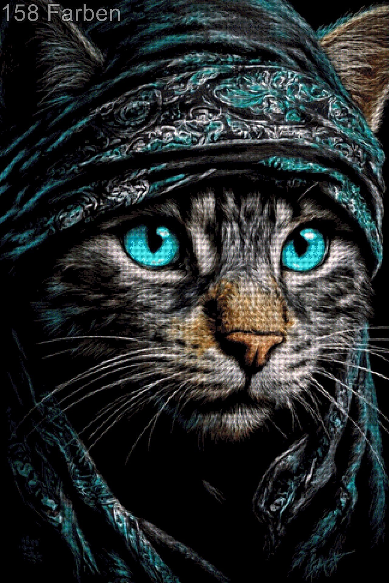 Diamond Painting Katze mit Turban und blauen Augen