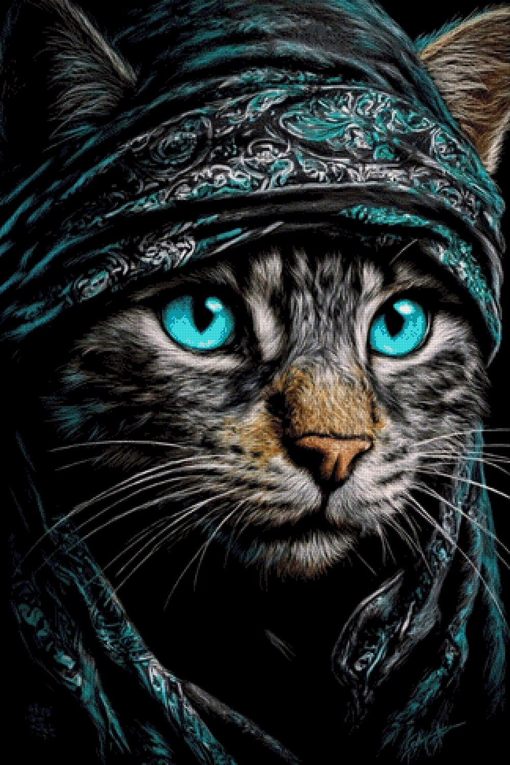 Diamond Painting Katze mit Turban und blauen Augen