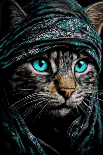 Diamond Painting Katze mit Turban und blauen Augen