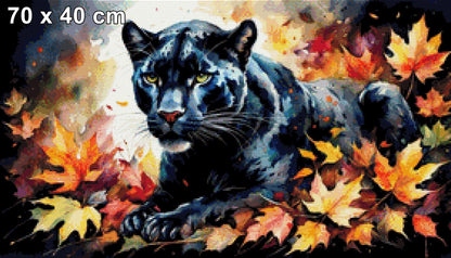 Schwarzer Panther im Herbstlaub - Diamond Painting