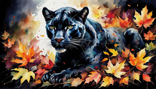Schwarzer Panther im Herbstlaub - Diamond Painting