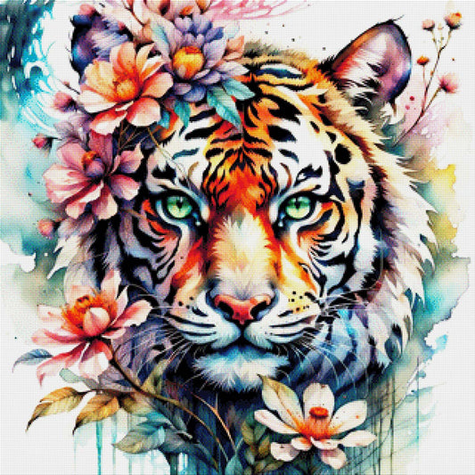 Blütentiger, Tiger mit Blumen - Diamond Painting
