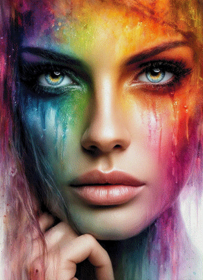 Diamond Painting Gesicht Frau mit Farben verschmiert