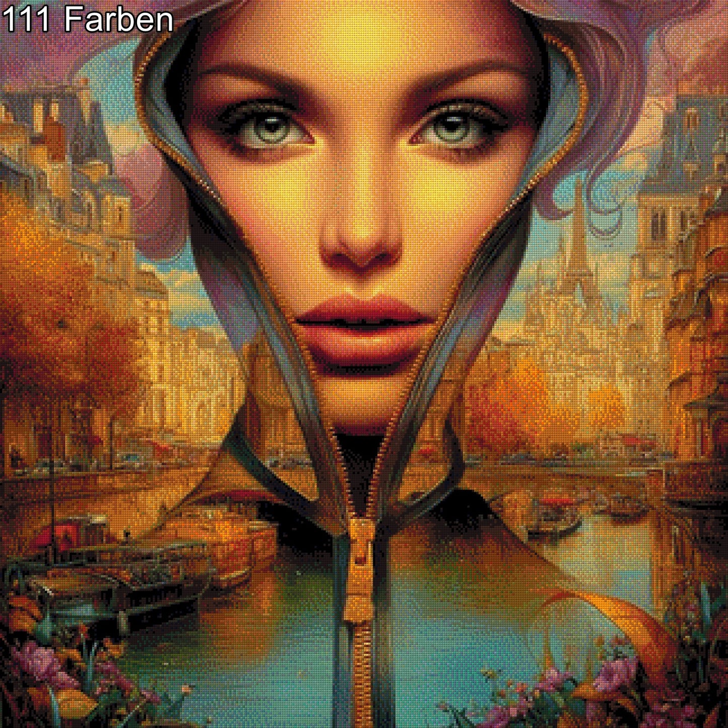 Diamond Painting Frauengesicht in Pariser Skyline modern