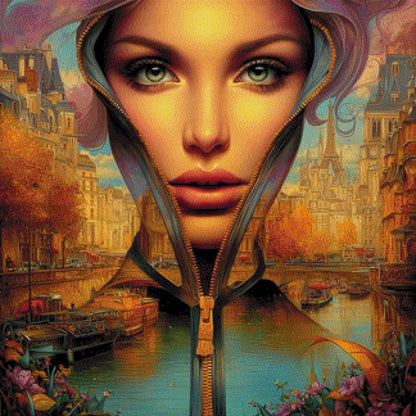 Diamond Painting Frauengesicht in Pariser Skyline modern