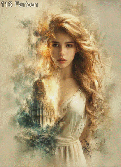Diamond Painting Frau mit brennender Ruine