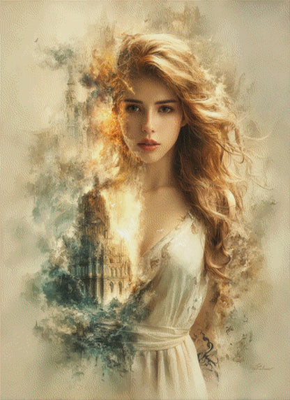 Diamond Painting Frau mit brennender Ruine